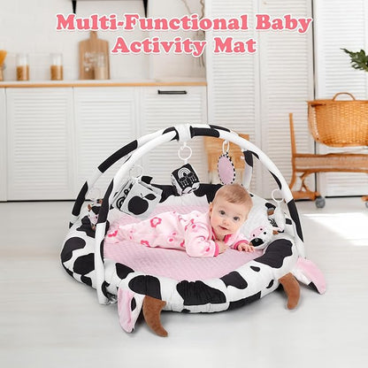 Pink Cow Baby Play Gym,Tummy Time Mat with 6 Sensory Toys, Extra Thick Soft Baby Play Mat for Floor, Newborn Essentials Christmas Gift 0-3-6-9-12 Months
