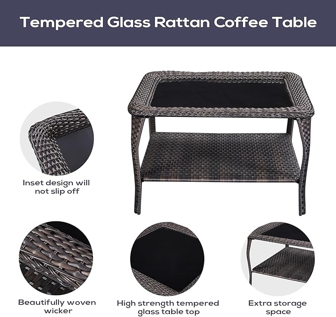 Outdoor Furniture Sectional Sofa L Shaped Couch - Patio Wicker Set with Coffee Table, 3 Piece Rattan Patio Conversation Sets with Beige Cushion for Deck Backyard Sunroom