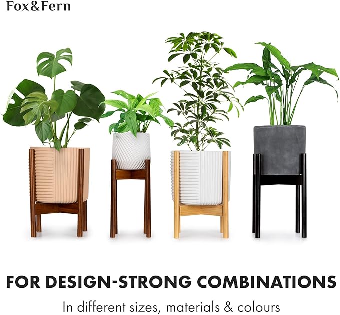 Fox & Fern Mid Century Plant Stand — 8 Inch Fixed Size Wooden Plant Stand for Indoor Planters; Raised Flower Pot Holder for Indoors; Plug In Design; Two Height Options; Easy to Assemble - Acacia
