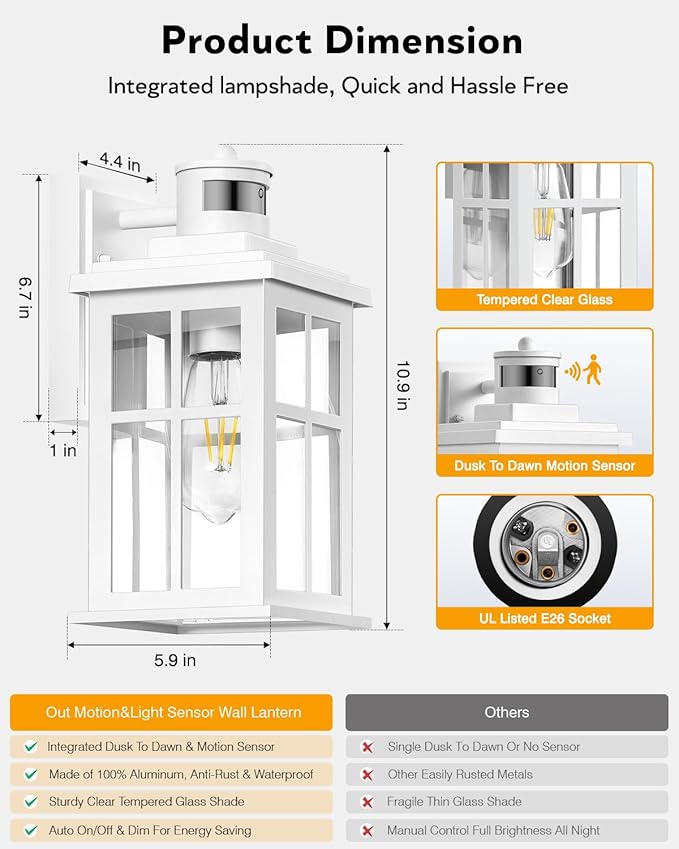 White Motion Sensor Light Outdoor, 2 Pack Dusk to Dawn Outside Lights for House, Anti-Rust Exterior Light Fixture, Waterproof Porch Light for House, Garage, Balcony, Weather Resistant