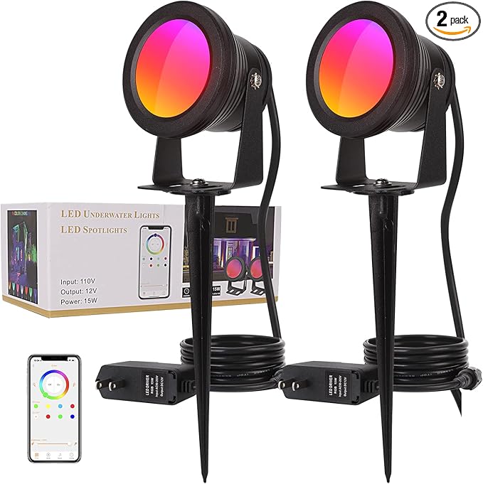 Smart Outdoor Lights,15w Backyard Lights with US Plug,12V APP Control Colored Spotlights with Waterproof,Dimmable Garden Lights with Timer,Outdoo Lights for Yard with Music Sync（NO Remote）