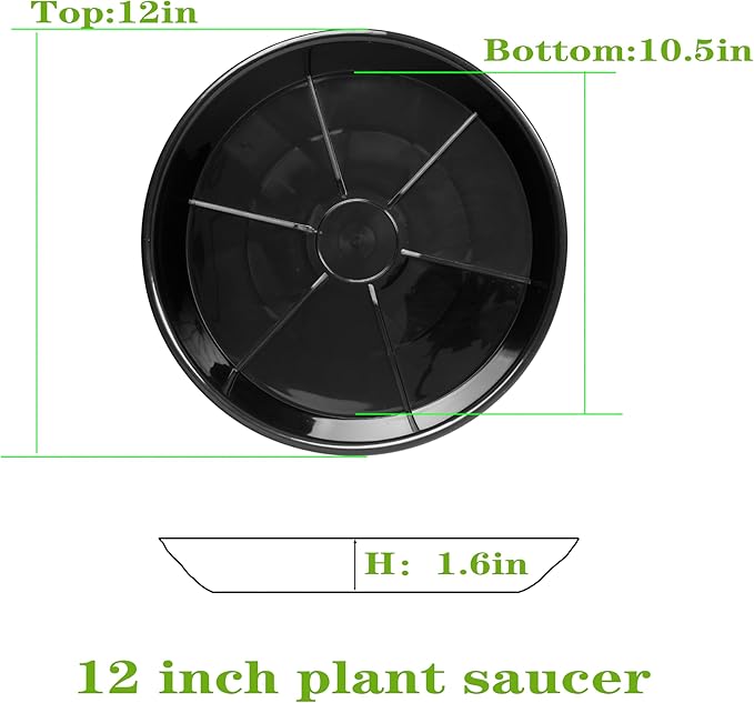 6 Pack Plant Saucer Drip Tray 11 12 inch, Pot Base for Plants Indoor, Heavy Sturdy Plastic Planter Flower Pot Saucers for Outdoor Garden, Plant Water Drip Trays for pots (12", Black)