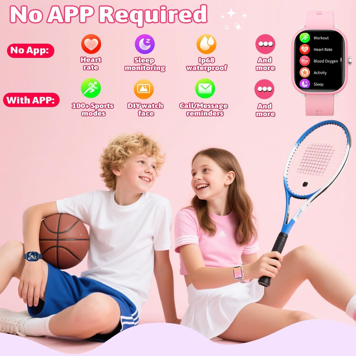 Smart Watch for Kids Girls Boys No APP/Phone Needed, 1.8" IP68 Waterproof Sport Kids Watch Pedometer, Heart Rate, Sleep Monitor, Step Counter, 12 Puzzle Games for Girls Boys Teens 6-16