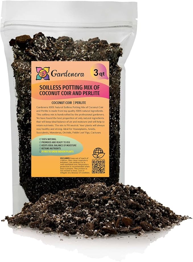 Premium Coco Coir and Perlite Potting Mix, Soil for Maximum Plant Growth, Perfect for Indoor and Outdoor Container Gardens by Gardenera - 3 Quart