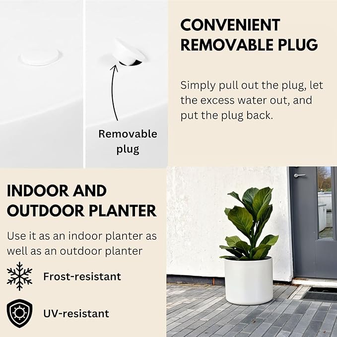 Fox & Fern 14.6 Inch Extra Large Planter — Premium Lightweight Fiberstone Matte White Plant Pot with Drainage Plug; Big Planter for Indoor & Outdoor Use; Weather Resistant & UV Resistant