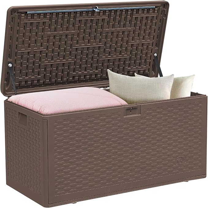 73 Gallon Pro Waterproof Outdoor Storage Pro Resin Deck Box Bin for Patio, Poolside, and Garden, Lockable & UV-Resistant, Ideal for Small Spaces, Brown