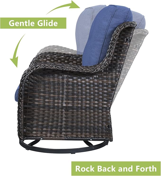 Outdoor Patio Swivel Rocker Chairs - 3 Piece Patio Bistro Set,Wicker Patio Furniture Set with 2 Swivel Rocking Chairs and 1 Glass Top Side Table for Deck Porch Garden,Brown/Blue