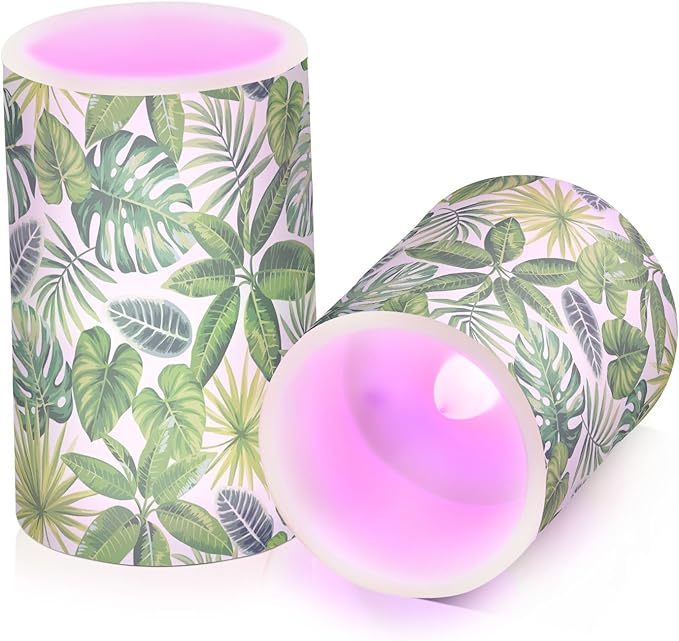 Flickering Flameless Candles, Tropical Palm Leaves Exotic LED Candles with Remote Timer, Set of 2 Battery Operated Candle for Valentine Wedding Birthday