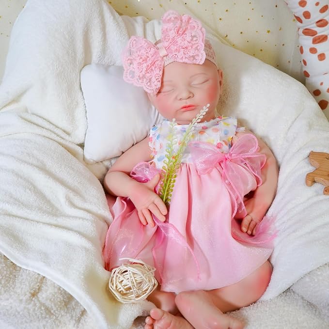 Girl 19 in, Full Silicone Baby Doll, Realistic Baby Dolls, Realistic Veins & Sleeping Pose, Not Vinyl, Reborn Baby Dolls Silicone Full Body, Gift Set