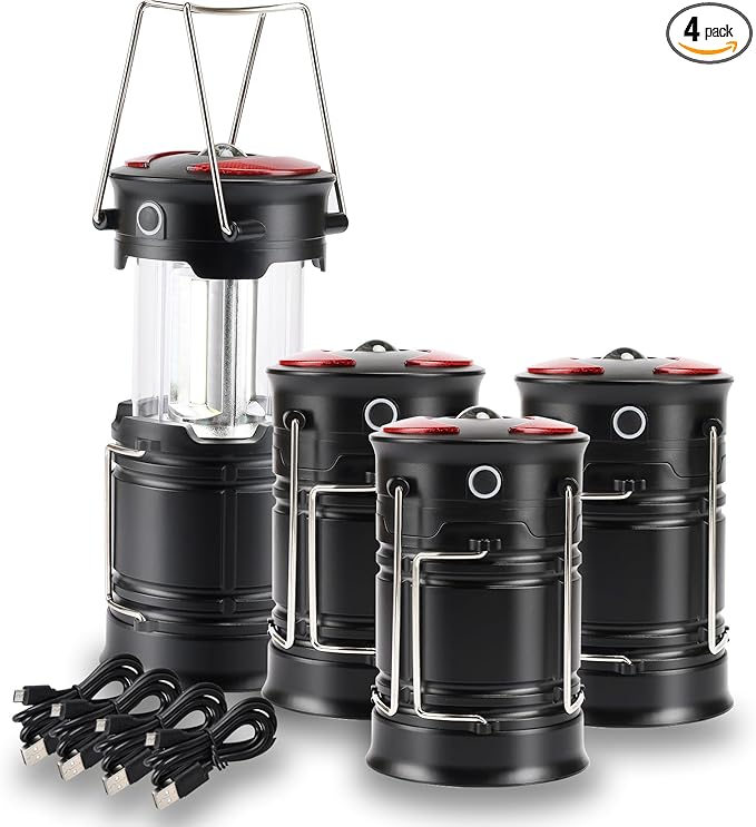 Lichamp 4 Pack Camping Lanterns Rechargeable and Battery Powered, Dual Power Source and 4 Mode Lantern Flashlight COB Camp Light for Power Outages, Camping Supplies and Home Hurricane Supplies, E4BK