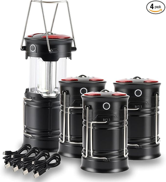Lichamp 4 Pack Camping Lanterns Rechargeable and Battery Powered, Dual Power Source and 4 Mode Lantern Flashlight COB Camp Light for Power Outages, Camping Supplies and Home Hurricane Supplies, E4BK