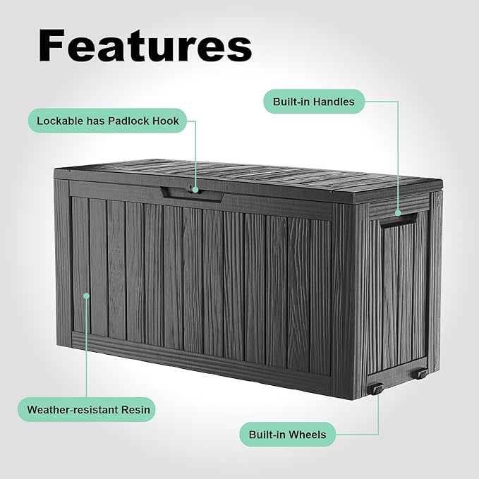 DRATO 75 Gallon Deck Box, Waterproof Resin Large Outdoor Storgae Box for Patio Furniture, Patio Cushions, Gardening Tools, Pool and Sports Supplies, Lockable