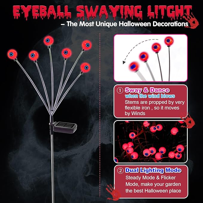 Halloween Decorations Outdoor, 2 Pack Solar Swaying Eyeball Lights, Swaying by Wind, Solar Pathway Lights, Halloween Decor with 2 Lighting Modes, Halloween Stake Lights for Garden Yard(Red)