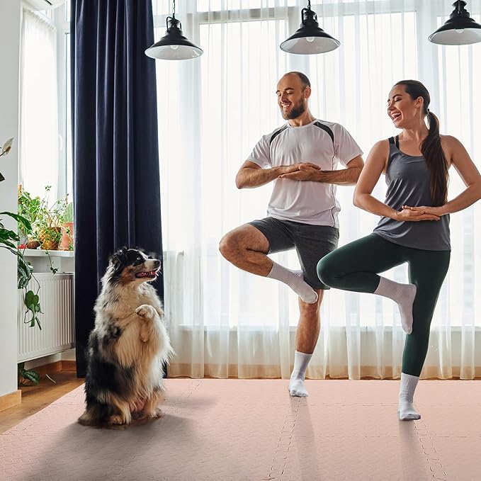 12 Tiles 12x12x1 Inch EVA Thick Interlocking Foam Floor Tiles Puzzle Exercise Mat Play Foam Mats for Boys Girls Baby Pets Home Classroom Nursery Gym(Beige)