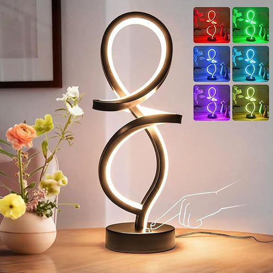 Mayful Modern RGB Table Lamp with LED Spiral Design, Black Bedside Lamp & Nightstand Lamp, Touch Dimmable with 7 Colors & 10 Modes for Bedroom, Living Room, Home Office, 15W