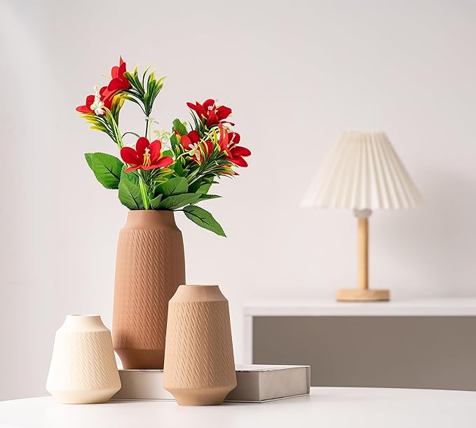 Ceramic Vase Set of 3, Modern Multicolor Pattern Flower Vases for Home Decor, Office, Centerpieces, Boho Farmhouse Style (Khaki/Brown/Beige)