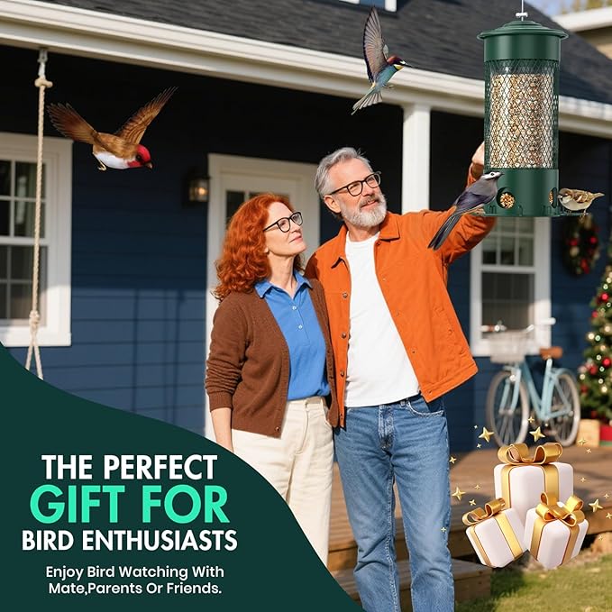 Metal Squirrel Proof Bird Feeders for Outdoors Hanging,Weight-Activated Large Capacity Feeder for Wild Finch, Cardinal,Blue Jay, Chickadee, Weatherproof and Durable 4 Perches,Green