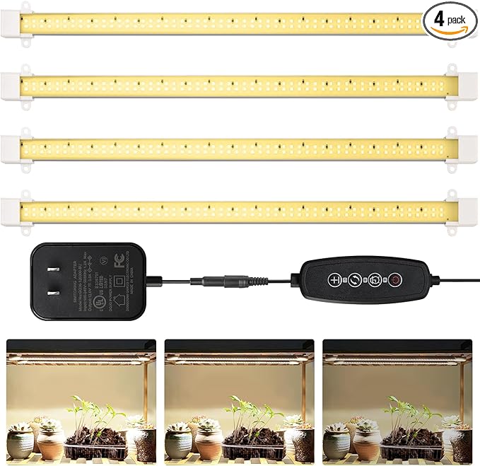 Mosthink Grow Lights for Indoor Plants Full Spectrum, 4 Packs Grow Light Strips with Auto Timer 3/6/12H, Dimmable Plant Growing Lamp for Indoor Greenhouse,Seedling,432 LEDs (16 Inches)