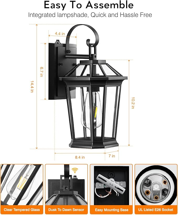 VIANIS Dusk to Dawn Outdoor Wall Lighting, Exterior Light Fixture Wall Mount for House Front Porch Light, Black Anti-Rust Aluminium Modern Outside Coach Lantern with Tempered Glass Shade for Garage