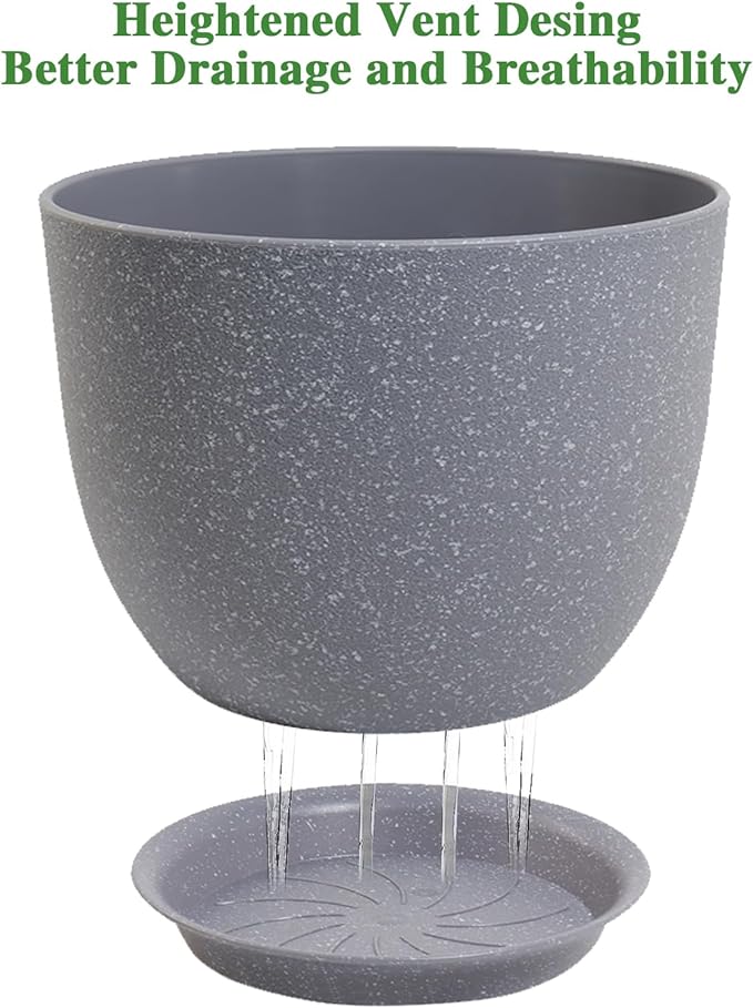 12inch Large Plant Pot, Modern Plastic Planter with High Driange Holes and Saucer for Indoor Outdoor Garden Plants and Flowers, Grey Speckles