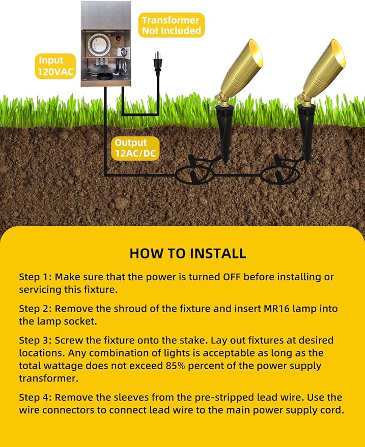 COLOER Die-cast Brass Landscape Spotlight 6-Pack Without Bulb,12V AC/DC Low Voltage Copper Outdoor Lighting with Ground Stake, Directional Garden Patio Spot Up Light (102B Brass Finish)