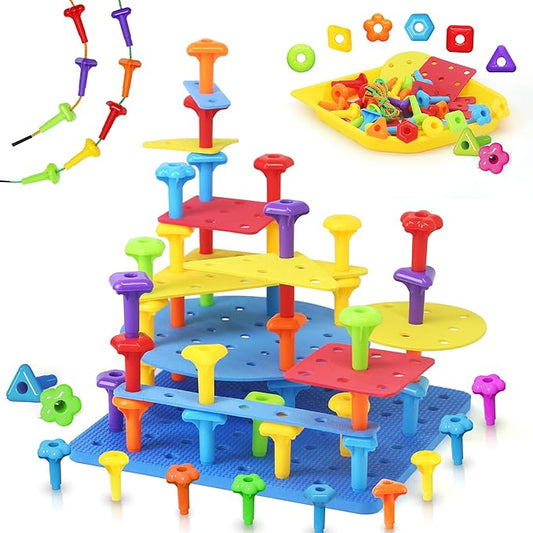 Ggiibro Peg Board Set STEM Toys for Toddlers Ages 3-6 | Montessori Sensory Stacking & Lacing Kit with Thick/Thin Foam Boards & Strings | Preschool Learning Toys for Fine Motor Skills Development