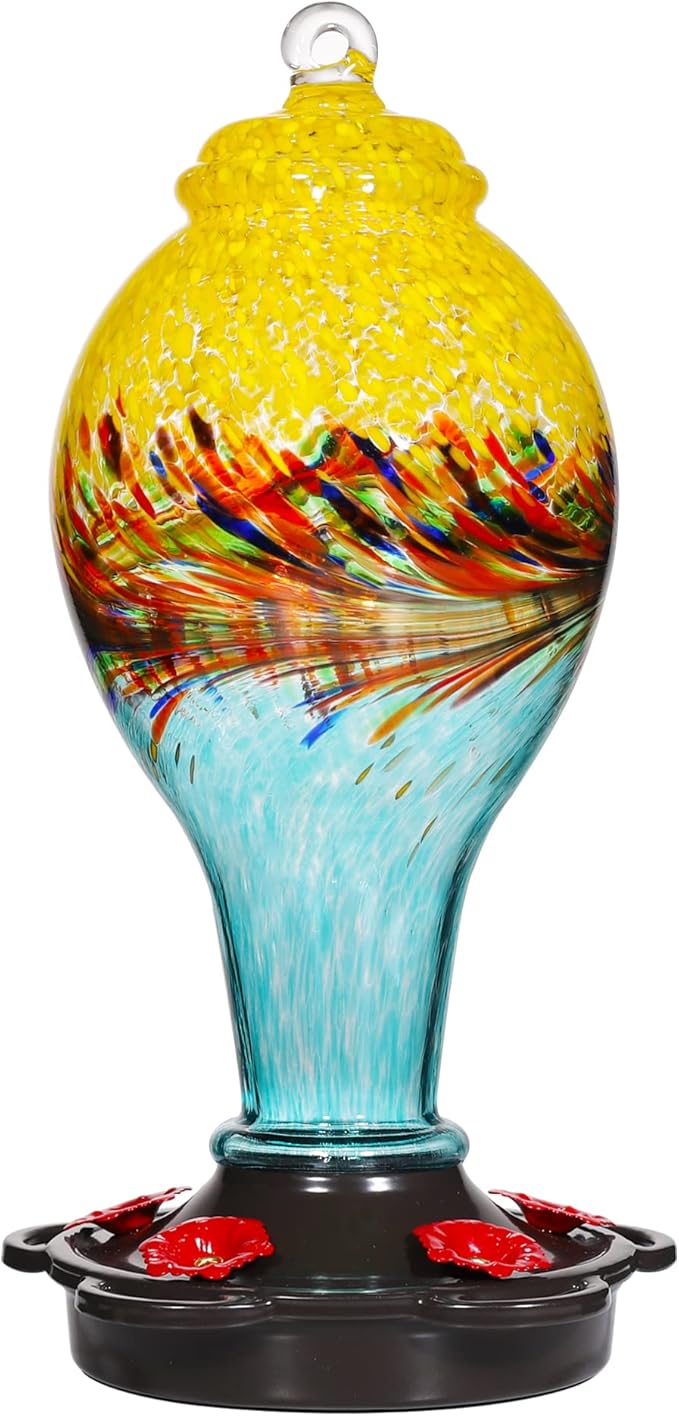 LUJII Hand Blown Glass Hummingbird Feeder for Outdoors with Ant Moat, Leak Proof & Rustproof, 25 fl.oz, Metal Base Cover with 5 Feeding Ports & Perches, Glass Art for Garden Decor (Blue Mixed Yellow)