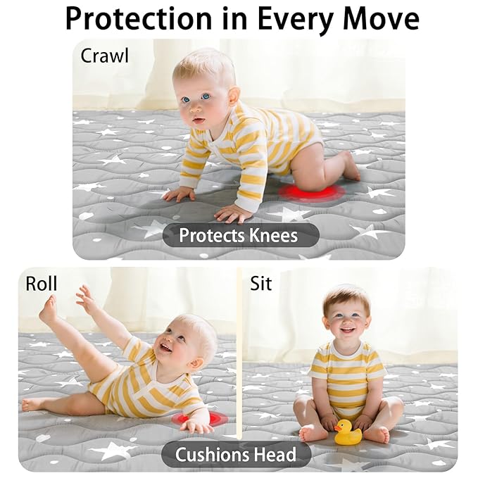 Baby Play Mat, 50x50 Playpen Mat, Thick Soft Foam Playmats for Baby, Foldable and Washable Crawling Mat for Floor (Gray Stars)