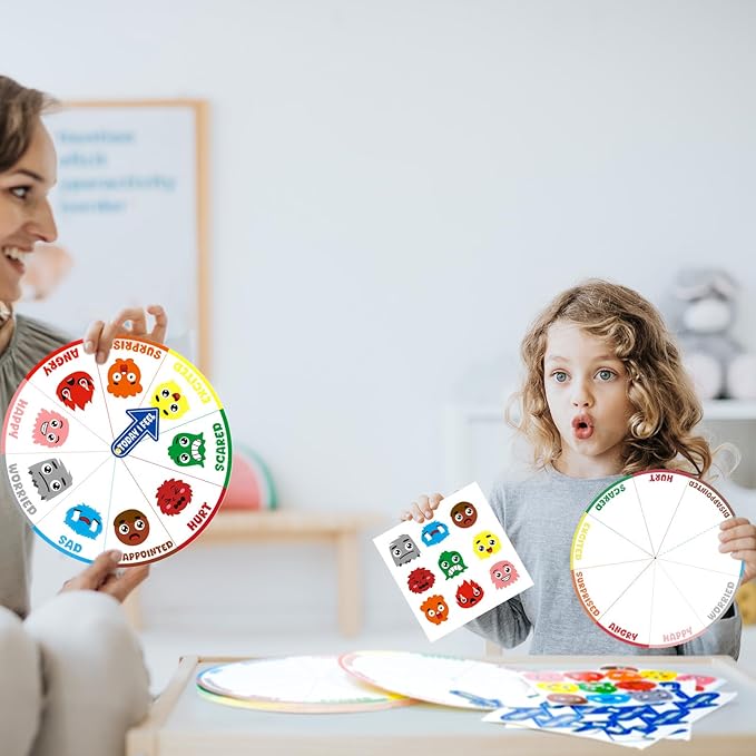 Cinrobiye 24 Set Social Emotional Learning Activities Skills Explore Emotions Wheel with Faces Emotion Matching Cards Feelings Wheel for Preschool Counseling Office Must Haves Therapy Game (Wheel)