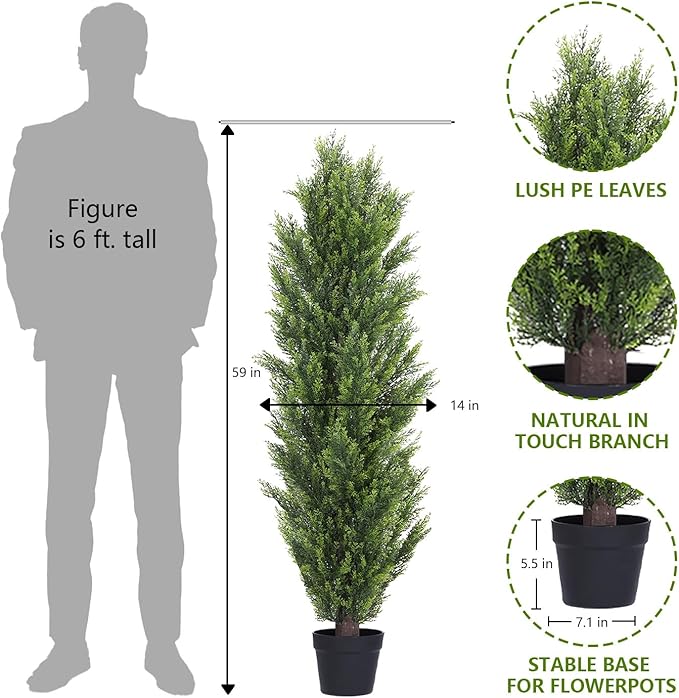 THE BLOOM TIMES 5ft Topiary Trees Artificial Outdoor – UV Resistant Faux Cedar Pine Cypress Bushes and Shrubs, Fake Potted Plants for Front Porch Outside Planter Patio Decor, Set of 2 (5 Foot)
