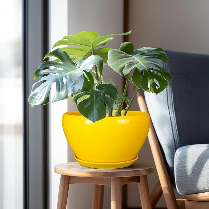 Indoor Planter 11 Inch - Decorative Mid-Century Large Ceramic Plant Pot for Outdoor Plants with Drainage Hole and Saucer, Home Balcony House Garden Patio Office Room Decor, Yellow