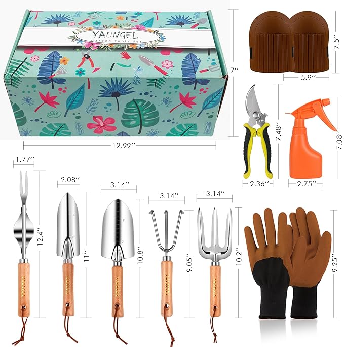 Gardening Tools - YAUNGEL 10 Pcs Garden Tool Set, Heavy Duty Stainless Steel Gardening Supplies Hand Tools with Wooden Handle, Storage Tote Bag, Ideal Gardening Gifts for Women and Men, Pink