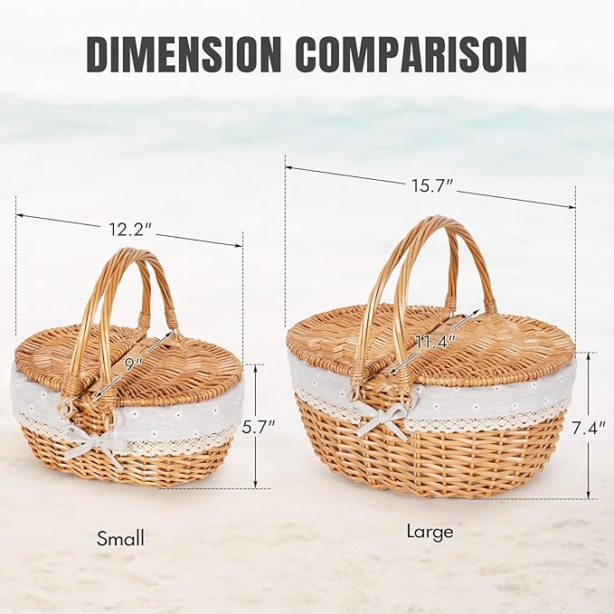 Happypicnic Wicker Picnic Basket with Handle, 15" Large Empty Picnic Basket with Lid & Removable Liner, Vintage Hand Woven Basket for Picnics, Camping, Veg Picking, Mother'S Day, Thanksgiving (Flower)