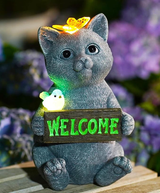 Solar Cat Figurine Garden Statues : Outside Welcome Cat Statue with Butterfly for Garden Decor and Yard Decorations - Unique Gifts for Women and Mom