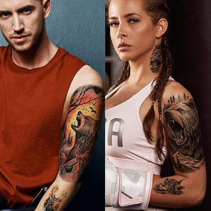 77 Sheets Forest Animals Temporary Tattoo for Women Men, 17 Sheets Half Arm Large Lion Tiger Wolf Fake Tattoos, 60 Sheets Black Skull Owl Bear Tiny for Adult Kids Body Tattoos Stickers Realistic