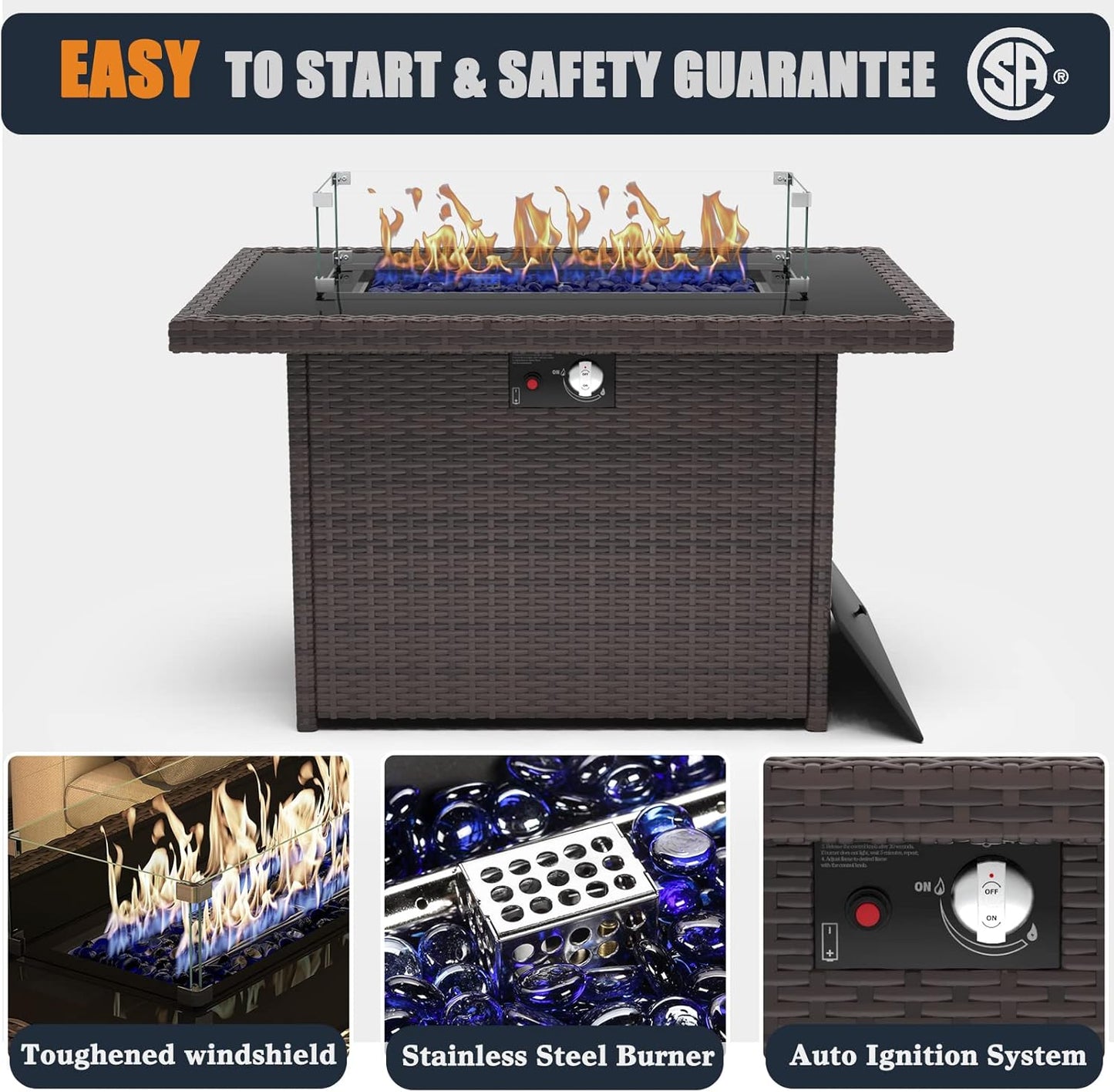 44 Inch Propane Gas Fire Pits Table for Outside Patio, 60000 BTU Rectangular Outdoor Wicker Rattan Fire Pit with Glass Wind Guard