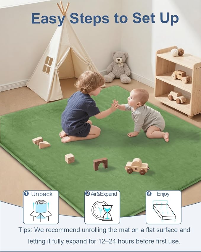Thick Baby Play Mat for Floor,Padded Foam 50x50 Playpen Mat,Ultra Soft Support&Plush Feel Nursery Rug,Non Slip for Toddler, Infants,Kids Play,Yoga,Baby Crawling,Tummy Time(Green)
