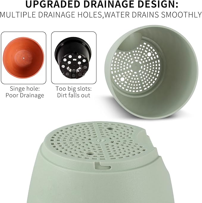 GARDIFE Plant Pots 7/6.5/6/5.5/5 Inch Self Watering Planters with Drainage Hole, Plastic Flower Pots, Planters for Indoor Plants, Succulents,Snake Plant, African Violet, Flowers,Green