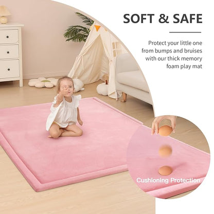 Baby Play Mat for Floor,1.3" Thick Memory foam Tummy Time Mat for Toddlers,Infants,kids,Water-Repellent Soft Nursery Rug ,79"×79" Extra Large Non Slip for Crawling&Yoga,Tatami Style for Living Room(Pink)