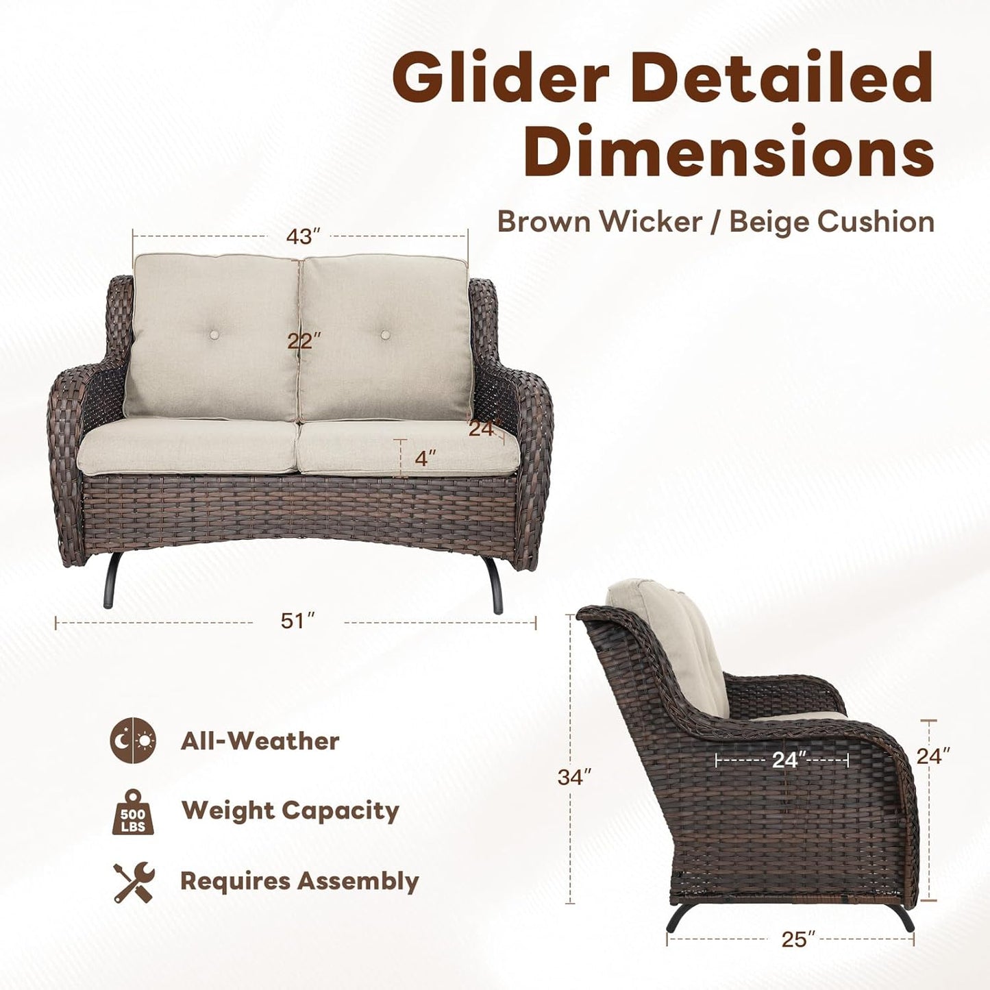 Spacious Outdoor Glider Bench - 500 LBS Weight Capacity Small Loveseat, 2 Seater Patio Gliders Furniture All Weather Wicker Couch with Removable Cushion for Deck Sunroom Balcony Backyard