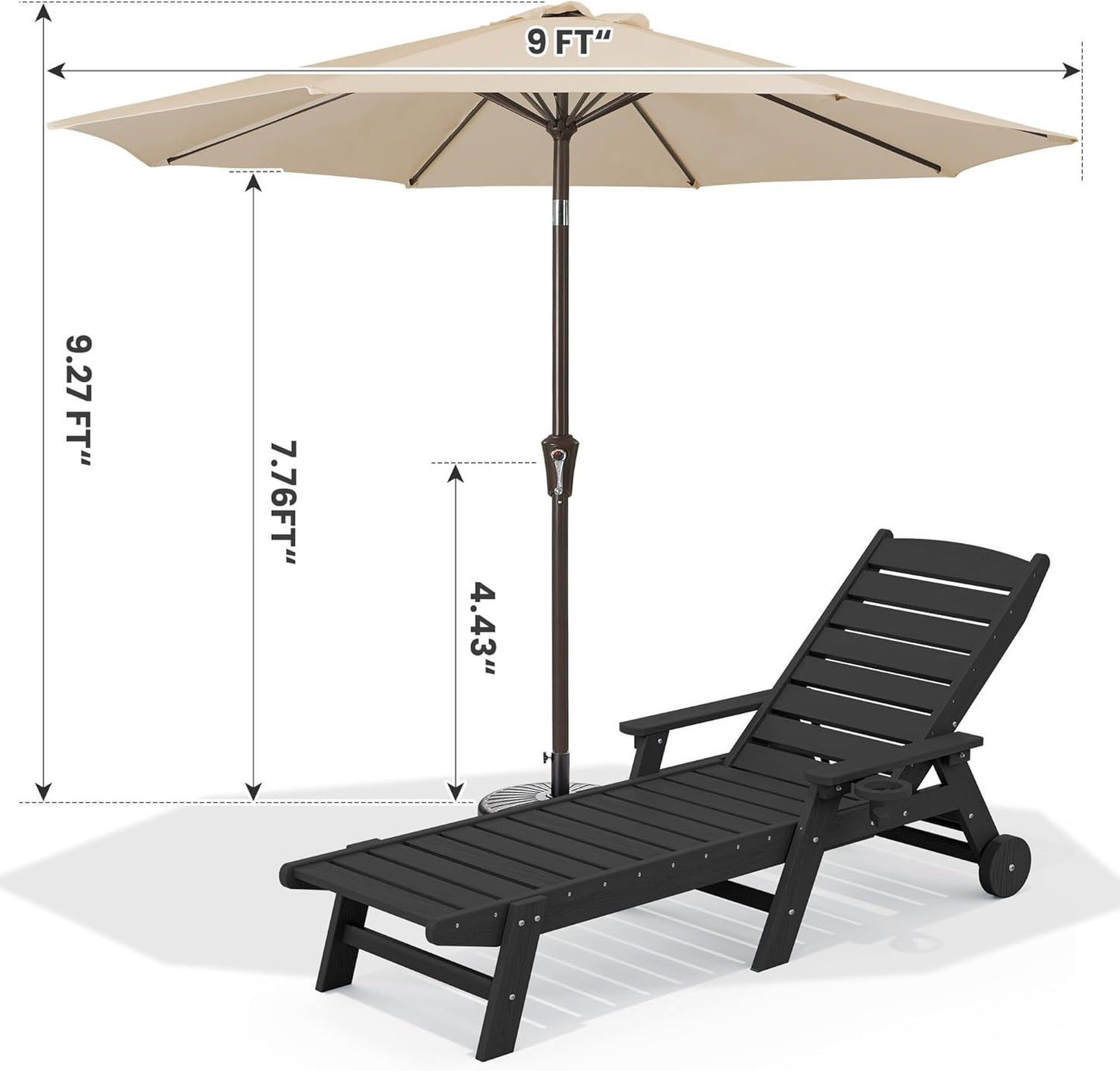 SERWALL Patio Chaise Lounge Chair Set of 2 with 9FT Patio Umbrella, 78'' HDPE Outdoor Lounger, Poly Lounge Chair with Rolling Wheels & Cup Holder for Pool,Obsidian Black (Umbrella Base not Included)
