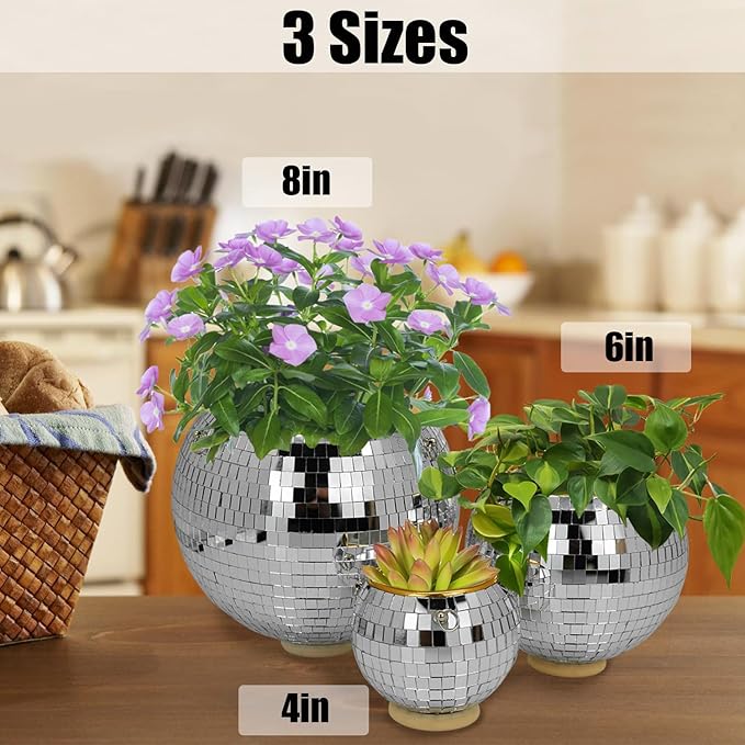 Disco Ball Planter, 2 Pack 8" Disco Planter with Hanging Rope, Hanging Chain & Hook & Ring Stand, Disco Ball Plant Hangers for Indoor and Outdoor Plants (Silver, 8"+8")