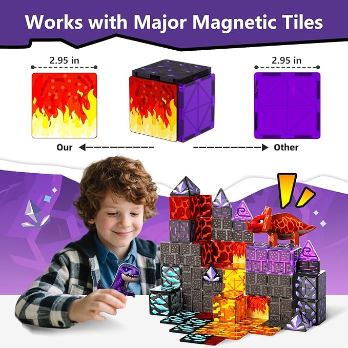 GobiDex Dinosaur Toys Magnetic Tiles Lava Cave Dinosaur World Set - Magnetic Blocks Building Toys for Kids 3-5 4-8, STEM Sensory Toddler Birthday Gifts for Boys Girls Age 3+ Year Old