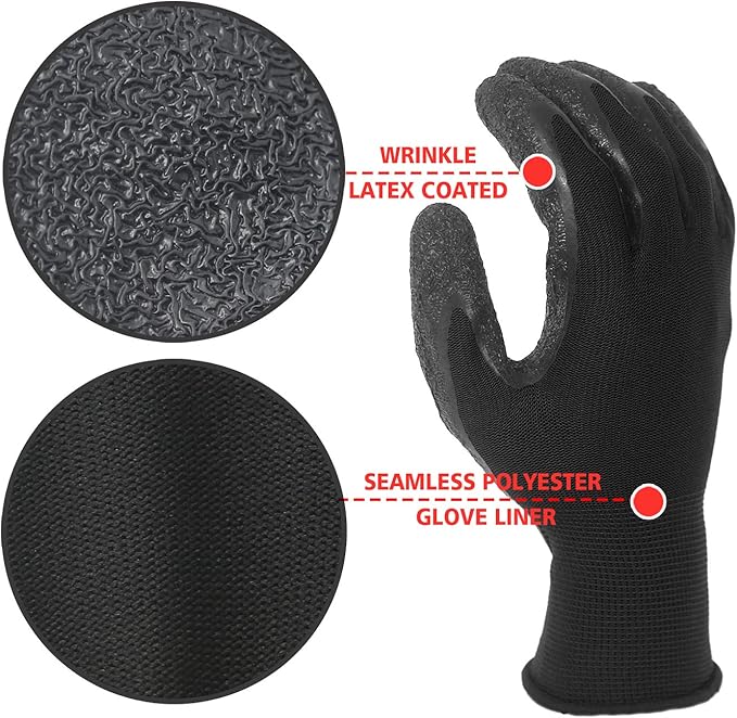 Evridwear Crinkle Latex Rubber Hand Coated Safety Work Gloves for Men Women General Multi Use Construction Warehouse Gardening Assembly Landscaping (M-Size Sizing) 12 Pairs Pack