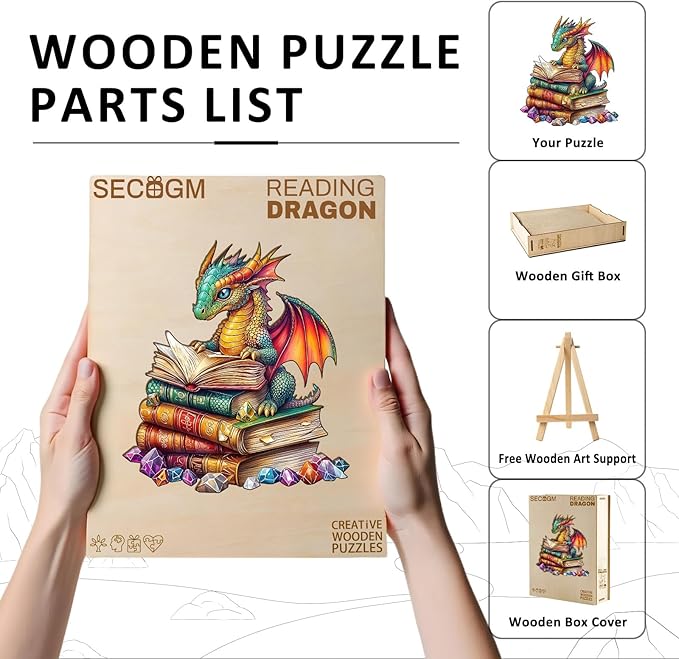 Wooden Puzzles for Adults - Reading Dragon Wood Puzzles Adult - Unique Animal Shape Wooden Jigsaw Puzzles for Adults - Birthday Gifts for Puzzle Lovers, Family (13.3 * 13.3in)