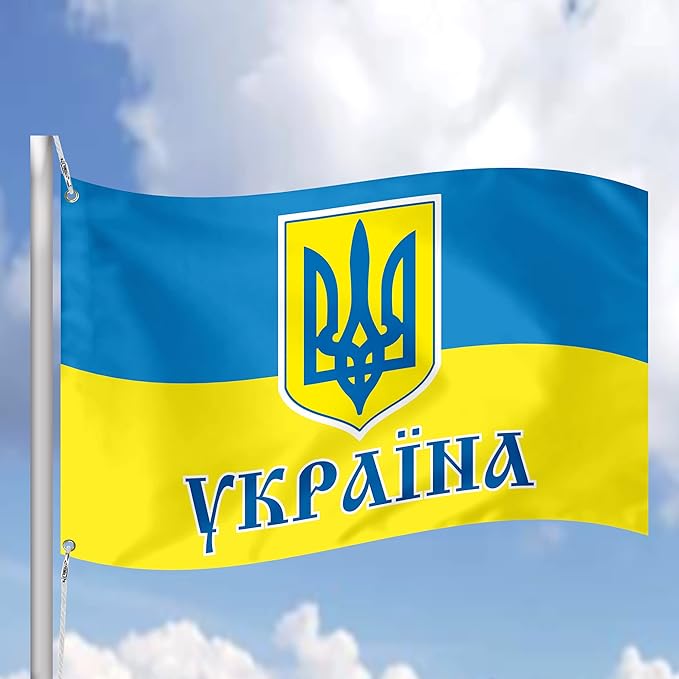 Ukraine Trident State National Government Coat of Arms Independence 3x5 feet Flag Banner Vivid Color Double Stitched Brass Grommets