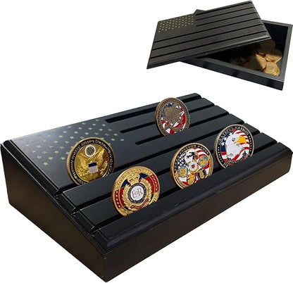 6-Row Military Challenge Coin Display Stand - Challenge Coin Holder with Rustic for Collectors Organize Medals & Memorabilia - Coin Holder for Home, Office, Showcase (Holds 30-36 Coins, American Flag ) (Black) (Black-Storage Box)