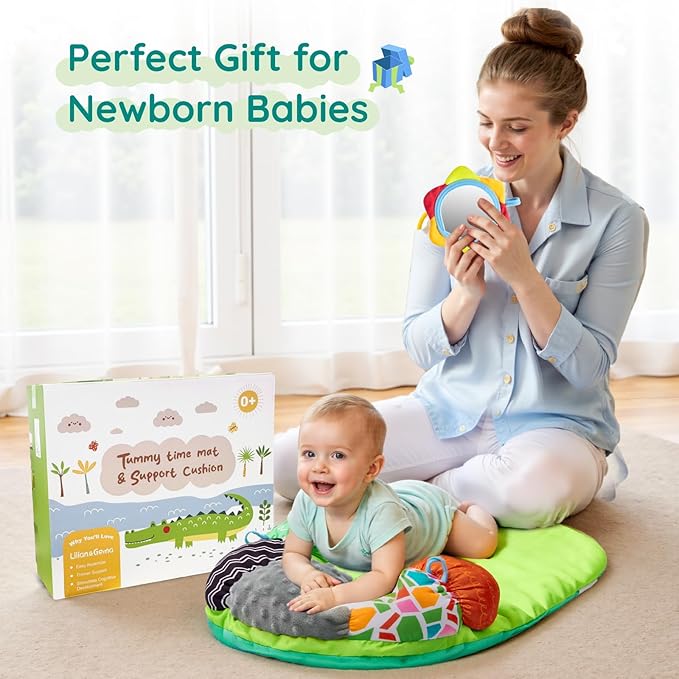 Lilian&Gema 2-in-1 Baby Tummy Time Mat & Support Pillow for Newborns and Babies, Adorable Alligator Design with Detachable Tummy Time Pillow, Soft Tummy Time Mat for Neck & Muscle Development