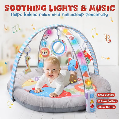 CUTE STONE Baby Gym Play Mat & Tummy Time Mat with Lights, Sounds, and Detachable Toys, Adjustable Volume Activity Gym for Infant Sensory & Motor Development, Newborn Baby Gift
