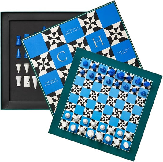 Printworks Lacquered Chess – Poseidon – Multi-Color Wooden Chess Set with Solid Wood Board – Elegant Coffee Table Game for Adults & Kids Ages 5+ – Multilingual Instructions Included